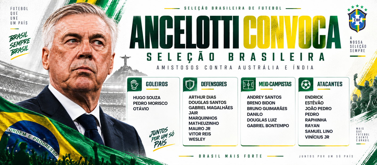 Ancelotti divulga lista da Seleção Brasileira com novidades para novo ciclo